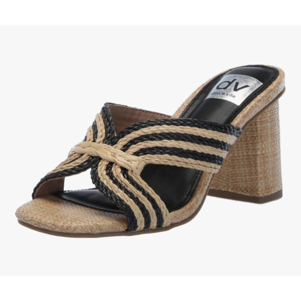 Dolce Vita Natural & Black Raffia Straw Slide Heeled Sandal  7.5  Summer Casual